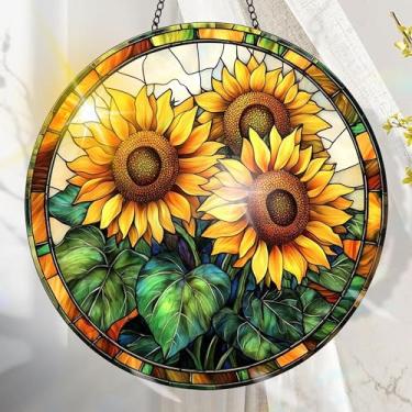 Imagem de Suncatcher acrílico colorido, decoração de janela suspensa de girassol com design de vitral impresso, apanhador de sol, arte de parede de arco-íris, ideia de presente e ornamento de jardim, uso
