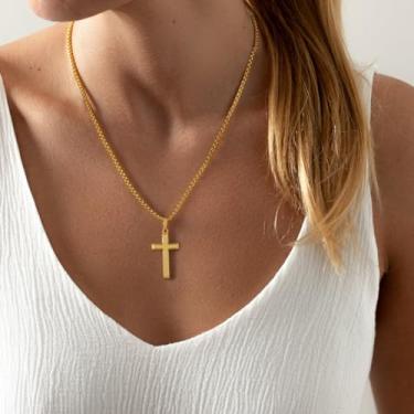 Imagem de Colar feminino banhado a ouro 18 K – Corrente de prata delicada com pingente de cruz, hipoalergênica personalizada, não mancha, presente de aniversário de Natal, joias modernas, 22", Aço inoxidável