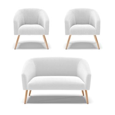 Imagem de Kit 1 Sofá Namoradeira E 2 Poltronas Stella Bouclê Pés Palito Natural - D'rossi Cor Off White