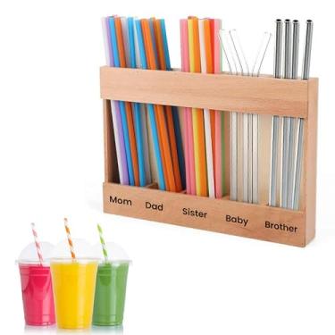 Imagem de Organizador de palha de madeira para balcão de cozinha sob armário dispensador de canudo reutilizável canudos de copo com fitas adesivas duplas durável sem furadeira fácil acessórios de cozinha de