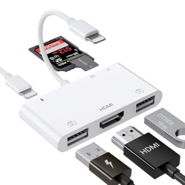 Imagem de Adaptador Lightning para HDMI com câmera USB e porta de carregamento, leitor de cartão SD para iPhone, adaptador de câmera 6 em 1 para iPhone, suporta teclado MIDI, mouse, TV HD/projetor/monitor, Plug