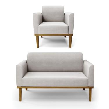 Imagem de Sofá Namoradeira Com Poltrona Base De Madeira Fixa Castanho Marisa Veludo D03 - D?rossi Cor Cinza