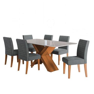 Imagem de Conjunto De Mesa Sala De Jantar Tampo Com Vidro 1,80m Grécia 6 Cadeiras Creta Dobuê Madeirado/grafite