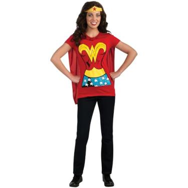 Imagem de Rubies Camiseta feminina DC Comics Mulher Maravilha com capa e faixa de cabeça, Vermelho, X-Large