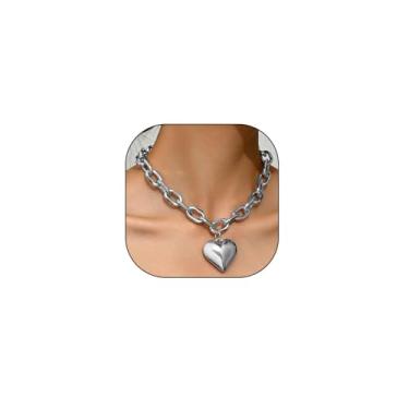 Imagem de Colar gargantilha de coração grosso para mulheres Y2K colar com pingente de coração inchado ouro/prata colar grosso corrente grande joia de declaração de coração, one size, Metal, Sem Pedra Preciosa