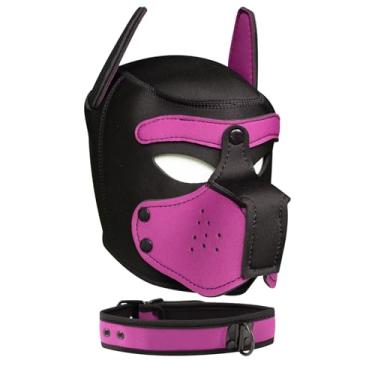 Imagem de ZZRBVFH Capuz para filhotes, máscara de neoprene com focinheira e coleira removíveis, rosto de cachorro completo (9 cores) (rosa)