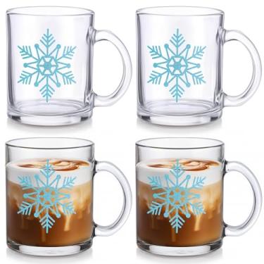 Imagem de Suclain 4 peças de caneca de vidro de floco de neve de inverno com alça 340 g canecas de café de vidro de Natal para bebidas quentes e frias, xícaras de café de floco de neve azuis para chá de inverno