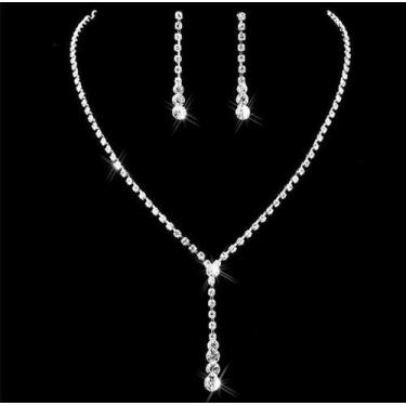 Imagem de Conjunto Colar Brinco Strass Festa Noiva 15 Anos Brilhante - OMG