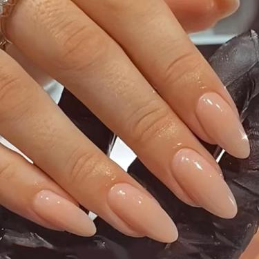 Imagem de 24 peças de unhas de amêndoa média, unhas postiças rosa nude francês, unhas postiças de gel macio de acrílico brilhante, unhas postiças reutilizáveis naturais para mulheres, meninas, decorações de