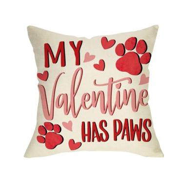Imagem de Fjfz Capa de almofada decorativa My Valentine Has Paws 50 x 50, estampa de pata de cachorro e gato para dia dos namorados, alpendre, decoração de casa, decoração de casa, aniversário, casamento, sofá