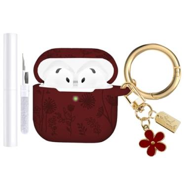 Imagem de AIIEKZ Capa com gravação de flores compatível com AirPods 4 2024, capa de silicone macio para AirPods 4ª geração, com chaveiro de flores fofas e kit de limpeza para meninas e mulheres (bordô)