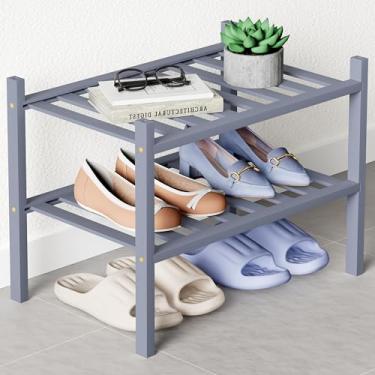 Imagem de Smiry Sapateira de bambu para armário, organizador de sapatos empilhável pequeno de madeira de 2 níveis, prateleira de armazenamento de sapatos de pé livre para entrada, entrada da porta da frente