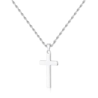 Imagem de Hobucuard Colar de cruz para homens, colares com pingente de cruz de prata de aço inoxidável com corrente de corda de 55 cm, joias delicadas de fé cristã, presentes religiosos para homens