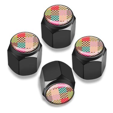 Imagem de 4 peças de tampas de haste de válvula de pneu de metal, tampas de válvula de ar universais de alumínio para carros, caminhões, SUVs, bicicletas, motocicletas, design elegante, xadrez colorido
