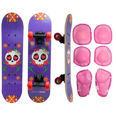Imagem de Skate Infantil Caveira 40 Kg + Acessórios De Segurança Rosa