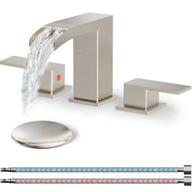 Imagem de Torneira de pia de banheiro de aço inoxidável, torneira de banheiro de níquel escovado cachoeira 3 furos, torneira de pia de banheiro ampla de 20 cm com drenagem pop-up e linhas de suprimento, duas