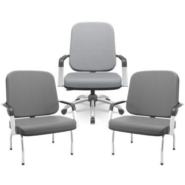 Imagem de Kit Cadeira De Escritório Giratória E 2 Cadeiras Fixas Cromada Magno P03 Vinil Cinza - Lyam Decor