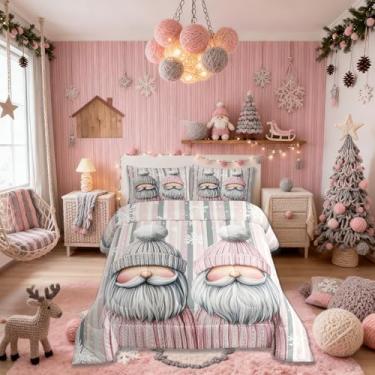 Imagem de Conjunto de edredom infantil de Papai Noel, lindo gnomo de Natal, edredom com floco de neve, cinza, rosa, bege, 2 fronhas