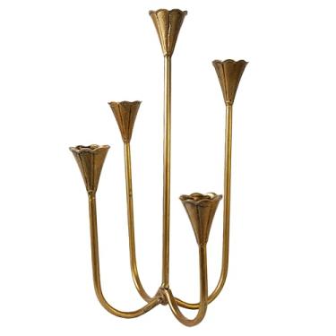 Imagem de Suporte de castiçal vintage para vela cônica, candelabro de ferro fundido de 5 braços para decoração de mesa de centro de casamento, decoração de mesa de lareira, ouro antigo