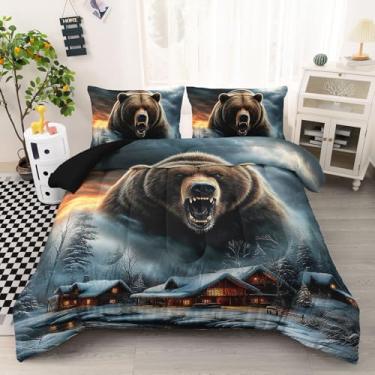 Imagem de AILONEN Conjunto de edredom de urso marrom, tamanho casal, para meninos, floresta de neve, urso, uivando, roupa de cama rústica, microfibra macia, 3 peças com 2 fronhas