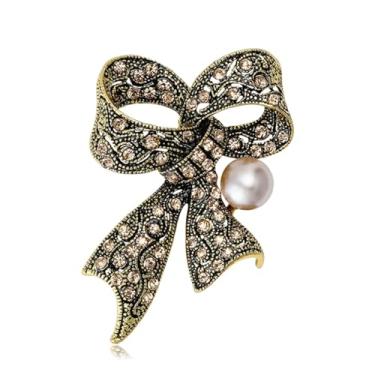 Imagem de RLHRNDE Broche de laço de strass para mulheres vintage brilhante grande laço pérola lapela broche elegante cristal laço corpete para vestido, terno, camisa, acessórios de roupas, casamento