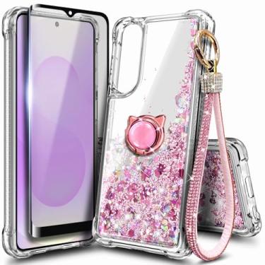 Imagem de WDHD Capa compatível com Samsung Galaxy S25-Edge ouro rosa | Capa de telefone fofa líquida flutuante com glitter com protetor de tela de vidro temperado e suporte de anel e cordão de pulso de diamante