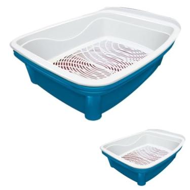 Imagem de Caixa de Areia Higiênica para Gatos, Azul, Polipropileno, Sistema com 2 Bandejas e Peneira, 37,5x48x16cm