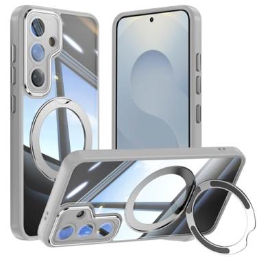 Imagem de Capa de telefone Vanki para Samsung Galaxy S25 compatível com magnético com suporte S25 capa magnética com suporte de anel de 360 graus para Samsung S25 capa transparente antiqueda (cinza)