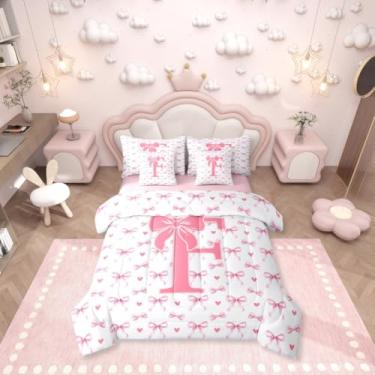 Imagem de Erosebridal Jogo de cama solteiro com estampa de coração e gravata borboleta mágica, com letra F, letra F, 7 peças, para meninos e meninas