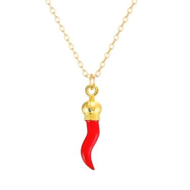 Imagem de Dreuyet Colar de chifre italiano para mulheres e homens, delicado banhado a ouro 14K, cornicello, pimenta, amuleto, pingente, boa sorte, joia de proteção talismã, Middle, Aço inoxidável, Sem Pedra