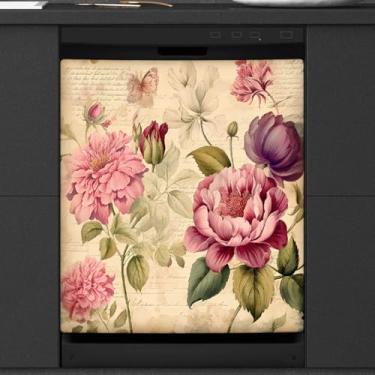 Imagem de Capa magnética para lava-louças, flor de peônia, vintage, papanicolau magnético, capa de porta de lava-louças, decalque de lava-louças para cozinha, eletrodomésticos, decorativo, 58 x 66 cm