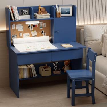 Imagem de RUPOLX Conjunto de mesa e cadeira de estudo infantil azul de madeira com luz, dispensador de rolo de papel e 2 gavetas, mesa infantil com 3 cabanas e prateleiras abertas, mesa de estudo para quarto de