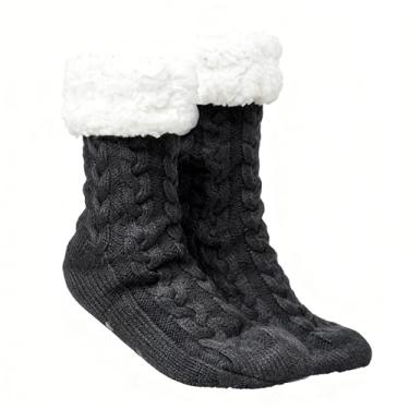 Imagem de Gealaek Meias femininas de inverno, grossas, felpudas, quentes, aconchegantes, macias, forradas com lã de ovelha, antiderrapante, com pegas, Preto, 6-10