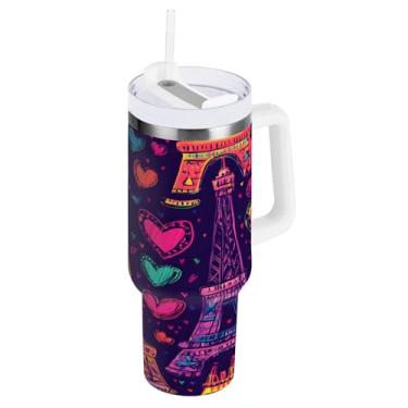 Imagem de Blueangle Copo de coração Torre Eiffel de 850 g com alça e tampa de palha, copo isolado reutilizável de aço inoxidável garrafa de água caneca de viagem (45)