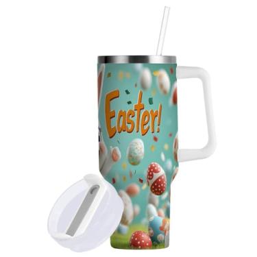 Imagem de Blueangle Copo fofo de coelho da Páscoa de 850 g com alça e tampa de palha, copo isolado reutilizável de aço inoxidável garrafa de água caneca de viagem (552)