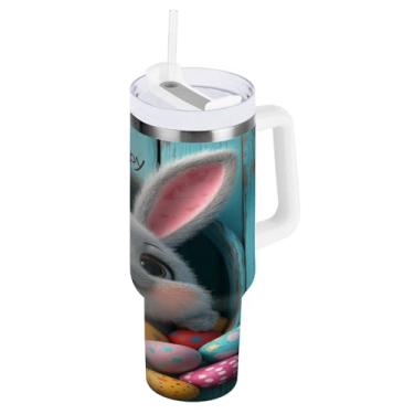Imagem de ATTX Copo de coelho fofo da Páscoa de 850 g com alça, copo de aço inoxidável a vácuo de parede dupla com palha, caneca de café de viagem isolada #111