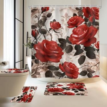 Imagem de Glawry 4 peças de cortina de chuveiro rosa vermelha flor vintage retrô floral bonita romântica elegante planta botânica 182 cm L L x 182 cm A tecido moderno decoração de banheiro conjunto de tapetes
