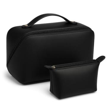 Imagem de Kit Necessaire Feminina 2 Peças Grande e Pequena para Bolsa e Viagem com Zíper Diagonal Alça Superior Estruturada Organizadora de Maquiagem Skincare e Higiene (PRETO)