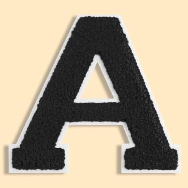 Imagem de QianSiLi Remendos de letras universitárias de chenille preto de 11 cm, letras grandes para jaquetas Letterman, moletons com capuz, mochilas, coletes, roupas, adesivos individuais da letra A