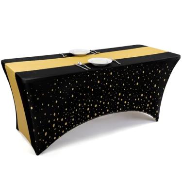 Imagem de Hahafelt Toalha de mesa retangular elástica dourada preta de 1,8 m, capa de mesa elástica universal resistente a vincos para aniversário, casamento, formatura, ano novo, evento esportivo