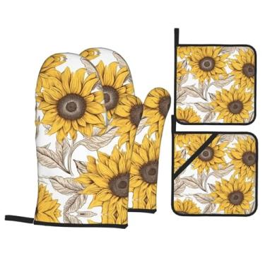 Imagem de Conjunto de luvas de cozinha estampadas de girassóis com suportes de tampa, luvas de forno resistentes ao calor para manusear panelas quentes, grelhar, churrascos, kit de 4 peças.