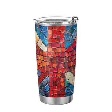 Imagem de Kigai Copo de aço inoxidável com bandeira britânica estilo azulejo de cerâmica 590 ml, copo de café isolado com tampa e canudo, caneca de café de viagem de parede dupla para bebidas quentes e frias