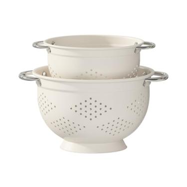 Imagem de Escorredor de metal, pacote com 2, cesta de filtro com alças de 2 e 3,5 litros, perfeito para macarrão, vegetais, frutas, base sólida revestida em pó conjunto de coador essencial de cozinha (branco)