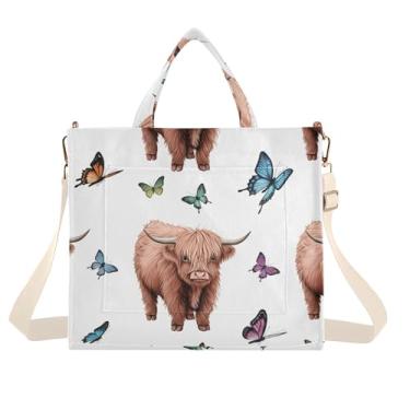 Imagem de Burbuja Highland Cows Butterflies Sacola feminina de veludo cotelê, bolsa tiracolo para compras, trabalho, viagens, C317, Medium