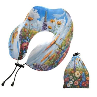 Imagem de CEBUGI Travesseiros de viagem portáteis em forma de U, travesseiro de pescoço de espuma viscoelástica com trava de corda ajustável para avião, viagem, trem, negócios, escritório, soneca (flores