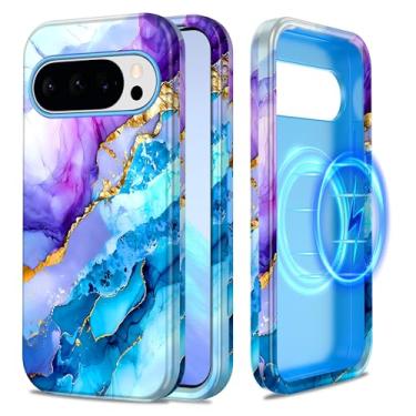 Imagem de Casetego Capa para Google Pixel 9 Pro XL, compatível com MagSafe,[Teste de queda de grau militar] Proteção de corpo inteiro, fina, à prova de choque, robusta, mármore, mulheres e meninas para Google