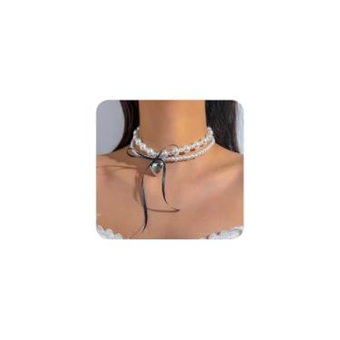 Imagem de Colar feminino com laço de coração com contas de pérola em camadas, laço de borboleta, nó fofo, amor, duas camadas, pérola, casamento, joias modernas, formais, Large, Liga de aço, Sem Pedra Preciosa