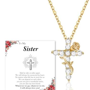 Imagem de Presentes cristãos religiosos para mulheres, presentes de Natal para mãe, irmã, colar com cruz para mulheres com batismo de rosa, comunhão católica, colar banhado a ouro 14 k para filha, neta