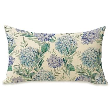 Imagem de Fahrendom Capa de almofada retangular decorativa de flor de hortênsia 30,5 x 50,8 cm, fronha floral azul roxa para varanda e pátio ao ar livre, capa de almofada de sofá primavera verão decoração de