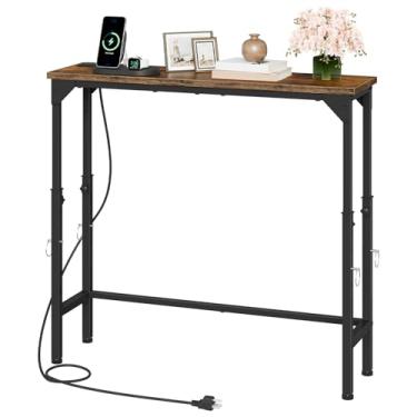 Imagem de CHOEZON Mesa de console estreita com altura ajustável (53,5-76 cm), mesa de sofá atrás do sofá, mesa de entrada com tomada, mesa de sofá estreita, para entrada, sala de estar, marrom rústico e preto